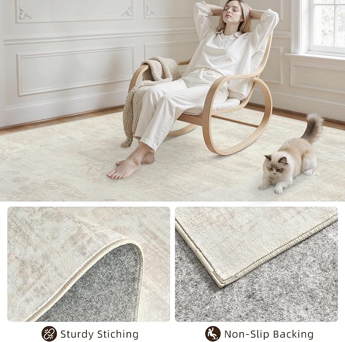 Area Rugs 9x12 Living Room: Vintage Boho Neutral Washable Rug Indoor Soft Large - Image 4