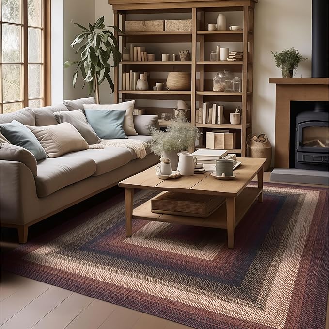 Homespice Prescott Jute Braided Rugs 6x9' - Country Style Red and Black Rugs for Living Room for Primitive Decor