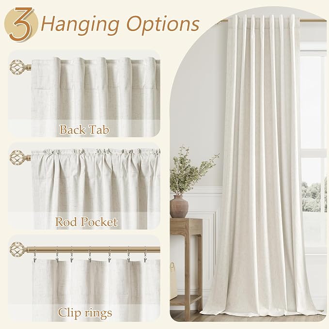 Guken Cream 100% Blackout Linen Curtains 102 Inch Length 2 Panels Set - Image 5