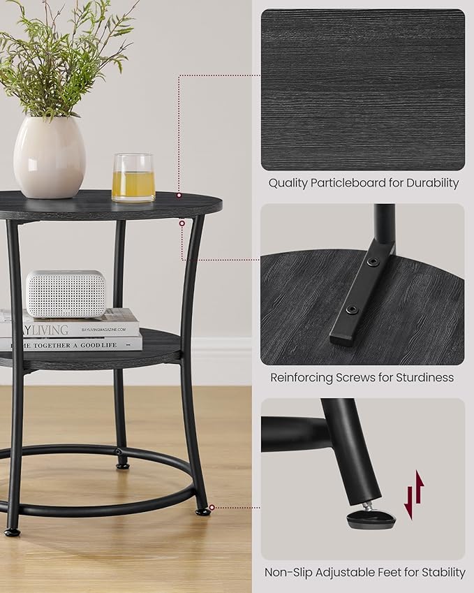 VASAGLE Side Table, 2-Tier Round End Table, Nightstand with Steel Frame for Small Spaces, Living Room, Bedroom, Charcoal Gray and Ink Black