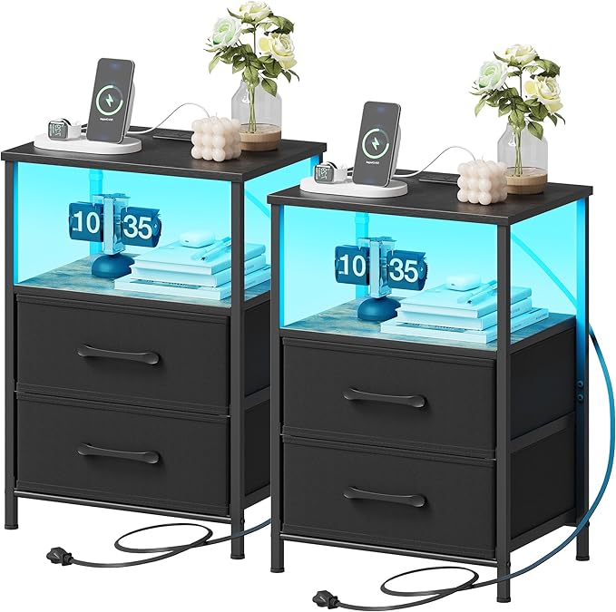 Nightstands Set of 2, Night Stand with Charging Station and Led Lights, Bedside Table with 2 Fabric Drawers for Bedroom, Small Side End Table with Open Shelf, Black