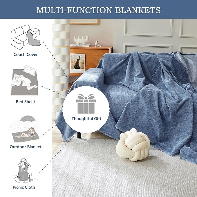 STACYPIK Durable Simple Blue Sofa Cover for Pets Kids Textured Herringbone Chenille Couch Covers for 2 Cushion Couch L Shape Couch Cover Versatile Protector Cover Multi-Use Blanket Washable-91X118IN