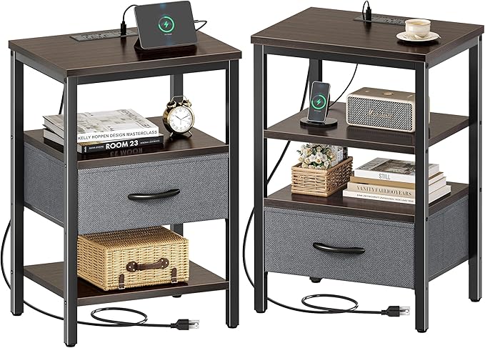 SUPERJARE Nightstand Set of 2, Bed Side Tables with Charging Station, Adjustable Fabric Drawer, Night Stand for Bedroom, 3-Tier Storage End Tables, Walnut