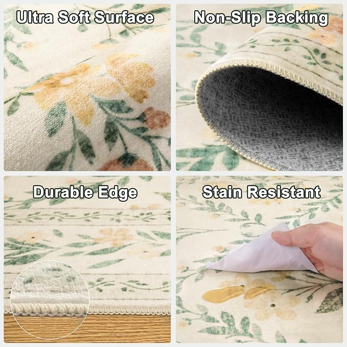 Entryway Rug 2X3 Small Rugs: Floral Washable Door Mat Vintage Soft Low Pile - Image 7