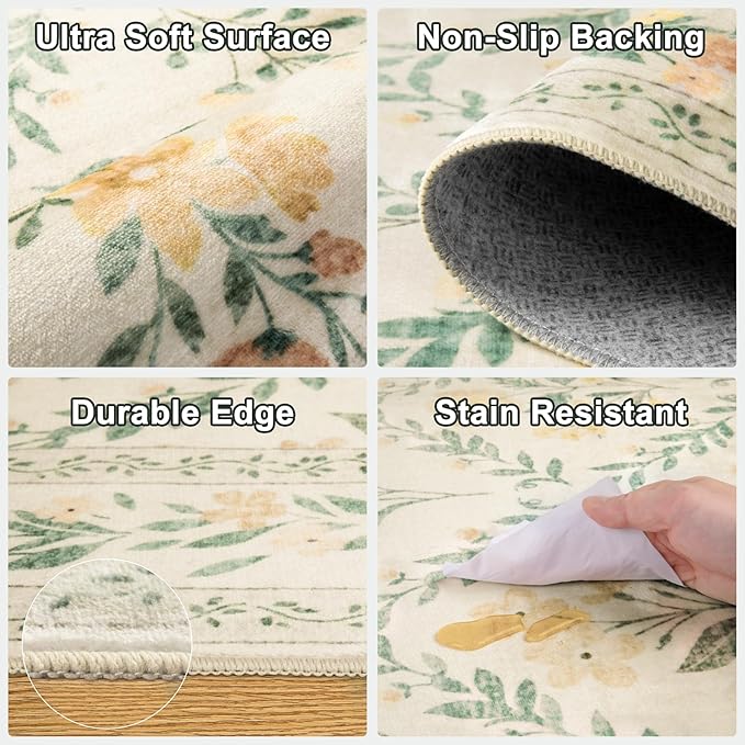 Area Rugs 9x12 Living Room: Floral Washable Rug Vintage Large Soft Boho - Image 6
