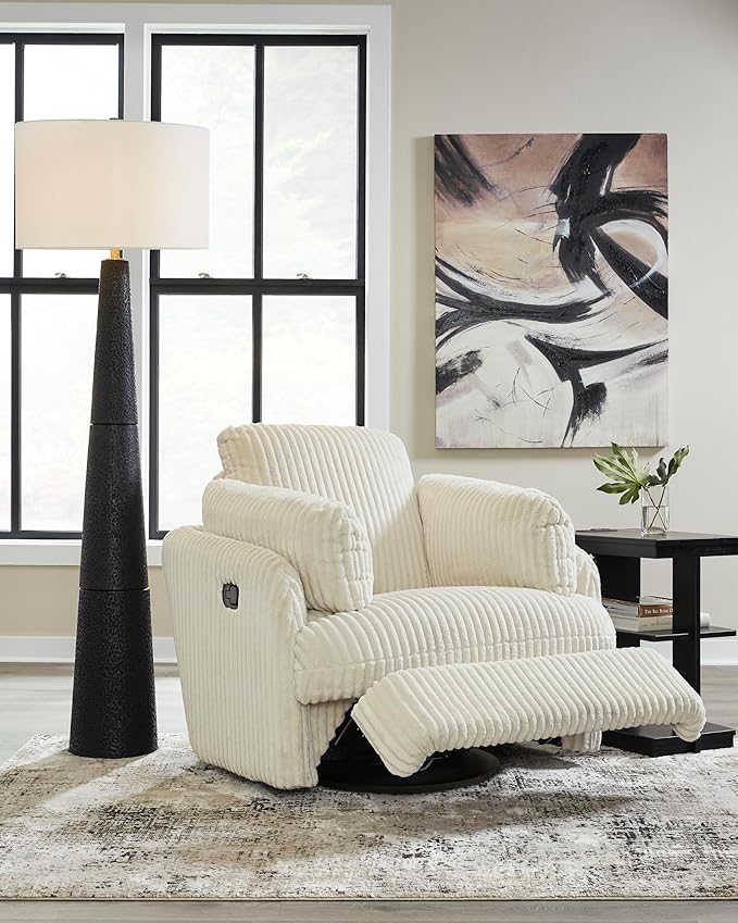 Signature Design by Ashley Tie-Breaker Contemporary Manual Press-Back Swivel Glider Rocker Recliner with 2 Bolster Pillows and Hidden Storage, White