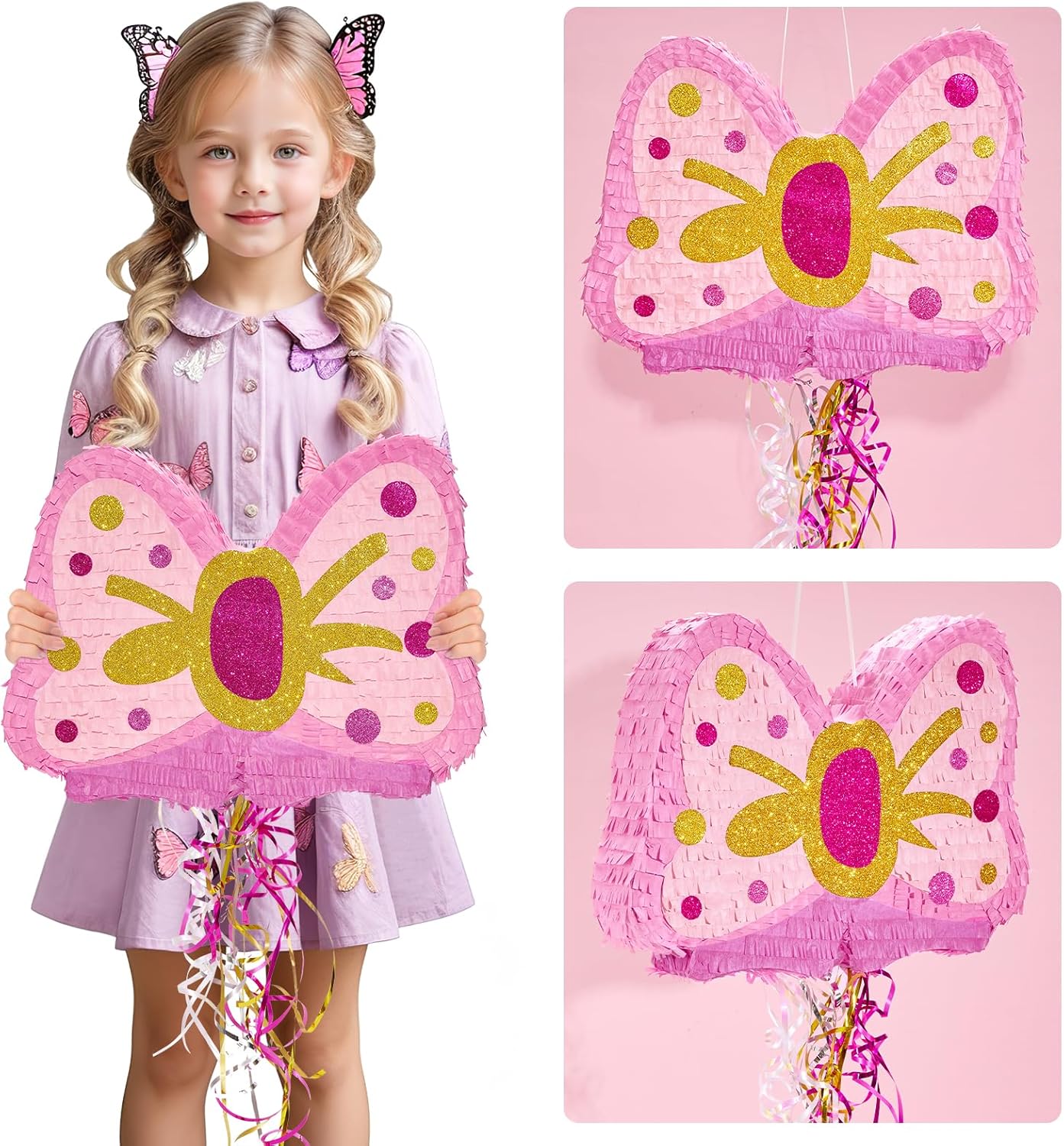 WERNNSAI Pink Bow Piñata - Girls Birthday Party Decoration Bow Tie Piñata with Blindfold and Bat for Kids Princess Theme Party Supplies favors