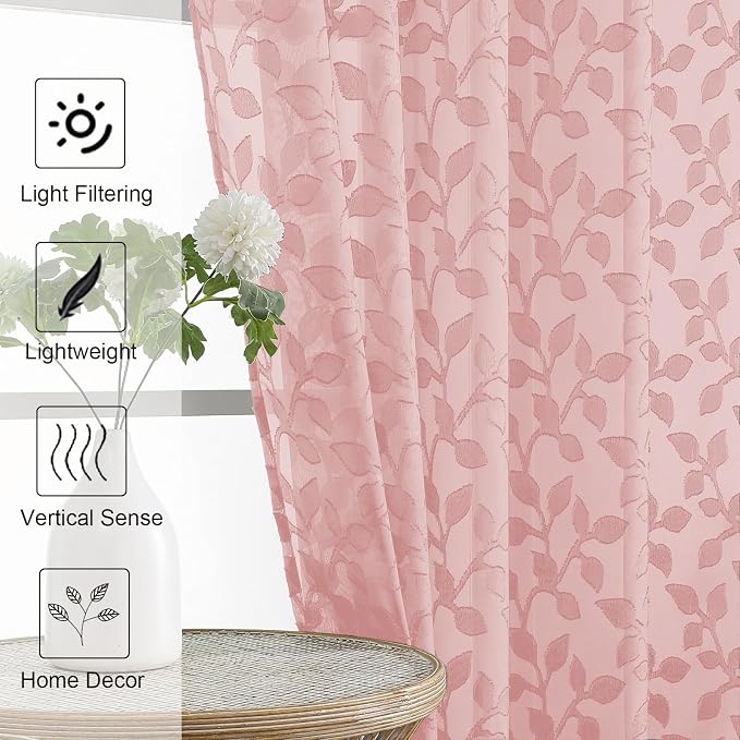Chyhomenyc Blush Pink Sheer Curtains 24 Inch Length, Light Filtering Leaf - Image 3
