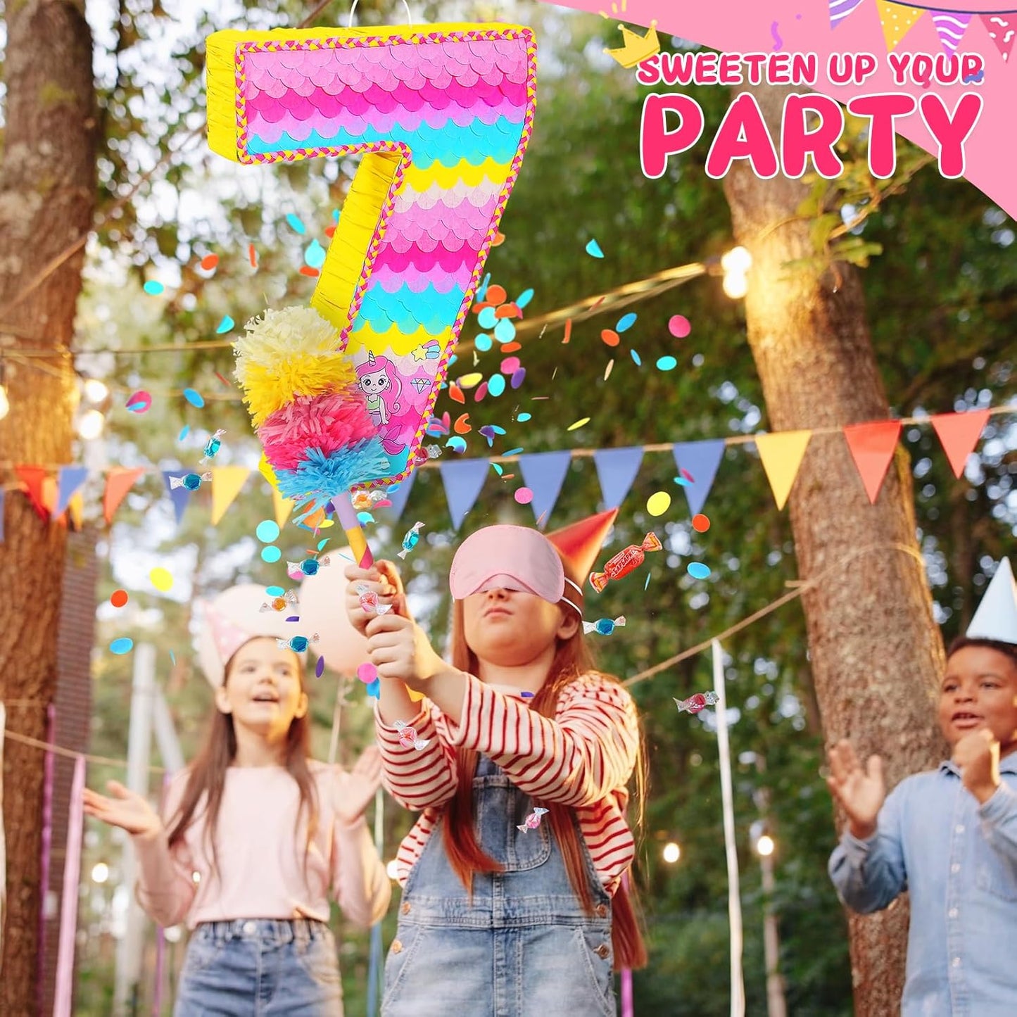 Number 7 Pinata for Birthday Party Decorations, Unicorn Mermaid Theme Pink Piñata Games Toy (7th)