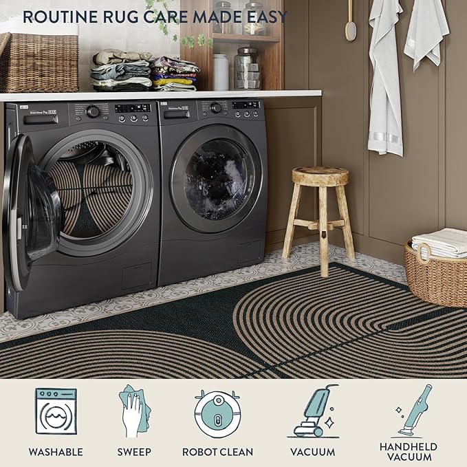 Lahome Modern Rainbow Easy Jute Outdoor Patio Rug, 3x5 Black Washable Rugs for Entryway Office Farmhouse Classroom Carpet, Contemporary Non Slip Front Door Mat for Porch Guestroom Room Decor