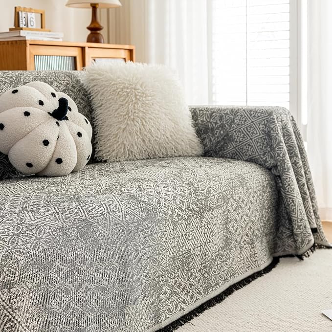 STACYPIK Geometric Pattern Sofa Cover Blanket, Black Couch Throw for Living Room, Couch Covers for Dogs, Washable Furniture Protector for 2 Cushion Sofa with Tassel, Anti-Slip Throw Cover-71X118IN