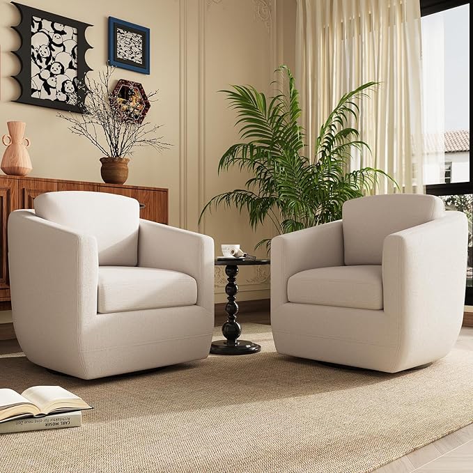 COLAMY 360° Swivel Accent Chair Set of 2 with Pillow - Comfy Living Room Armchair No-Sag Foam & Sturdy Metal Base, Fully Assembled Swivel Accent Single Sofa for Bedroom Living Room, Office, Beige