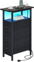 End Table with Charging Station, Narrow Side Table with 3 Fabric Drawers, Skinny Nightstand with LED Light, Slim Bedside Table for Bedroom, Living Room, Small Spaces, Black