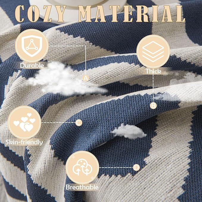 HANDONTIME Boho Chenille Sofa Cover - Denim Blue Reversible Blanket for L Shaped Sectional Couch - Geometric Protector for Dogs, 71" X 71"