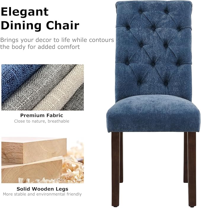 COLAMY Button Tufted Dining Chairs Set of 6, Parsons Upholstered Fabric Dining Room Chairs Kitchen Chairs with Wood Legs and Padded Seat, Blue