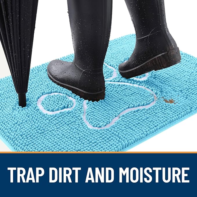 OLANLY Door Mat for Muddy Dog Paws 30x20, Ultra Absorbent Chenille Mud Doormat with Paw Print Design, Non-Slip Washable Doormat for Indoor Entryway, Quick-Dry Pet Bed Mats for Dirty Dogs, Blue