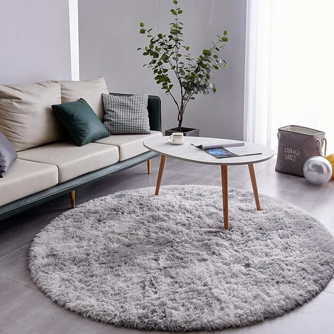 FJZFING Tie-Dyed Light Grey Round Rug Ultra-Soft Plush Modern 6x6 Circle Area Rug for Kid's Bedroom, Fluffy Shag Circular Rug for Nursery Room, Non-Slip Tie-Dyed Light Grey Rug for Teen's Room