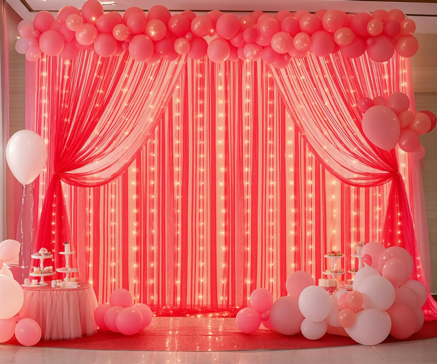 Suppromo Red Tulle Backdrop Curtain with Lights String for Parites 30x10ft Sheer Backdrop Curtains for Birthday Party Baby Shower Christmas Wall Photo Booth Background Decorations(6 Panels 5ft×10ft)