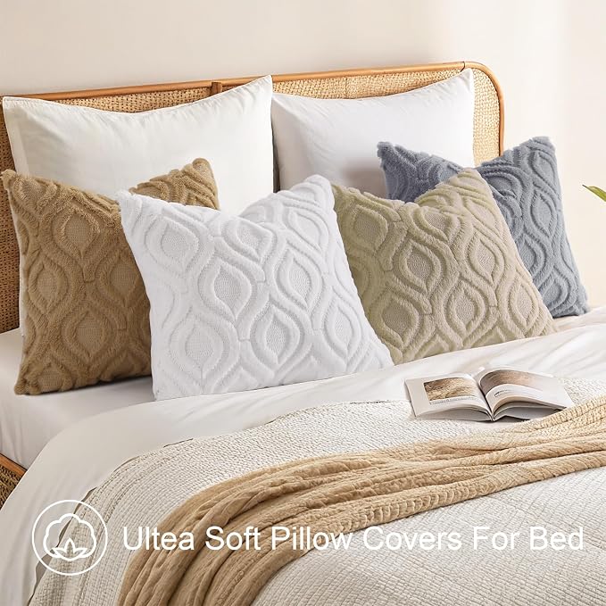 decorUhome Throw Pillow Covers 24x24 Inch Set of 2, Soft Plush Faux Wool Khaki - Image 4