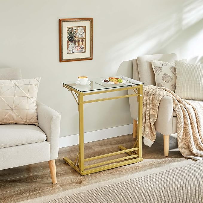 Tatub 24" Folding C Shaped End Table, Small Tempered Glass Side Table for Couch or Bed, Foldable TV Tray Laptop Desk with Gold Metal Frame