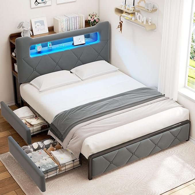 Queen Upholstered LED Bed Frame with 2 Storage Drawers and 2-Tier Storage Headboard, Velvet Platform Bed with Charging Station & Bookcase, Heavy Duty Metal Support, No Box Spring Needed, Grey