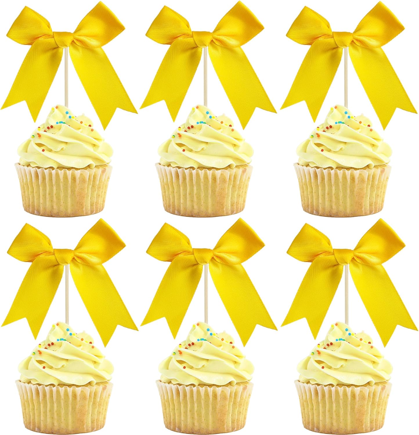 Gyufise 24Pcs Bow Cupcake Toppers Coquette Bow Girls Birthday Cake Decorations Bowknot Cake Toppers Bowknot Cupcake Picks for Baby Shower Birthday Wedding Bridal Engagement Party Supplies Yellow