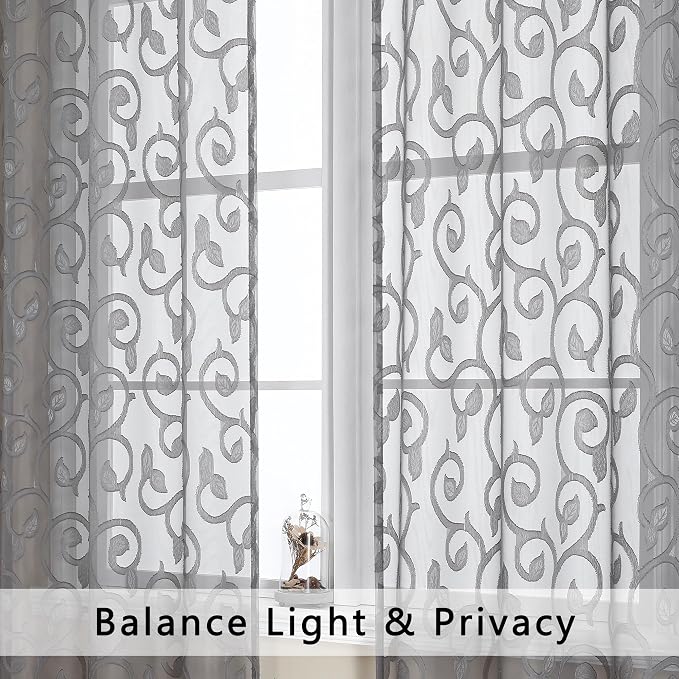 OWENIE Furman Sheer Curtains Tiers 24 Inch Length 2 Panels Set, Geometric - Image 4