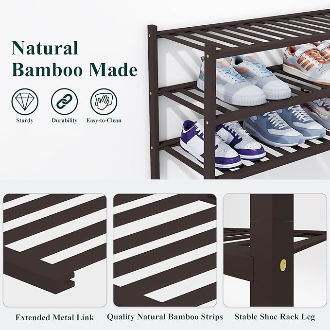 Smiry Shoe Rack, 6 Tier Thick Bamboo Shoe Organizer, Stackable Free Standing Wooden Shoe Storage Shelf for Closet, Entryway, Front Door Entrance, Brown