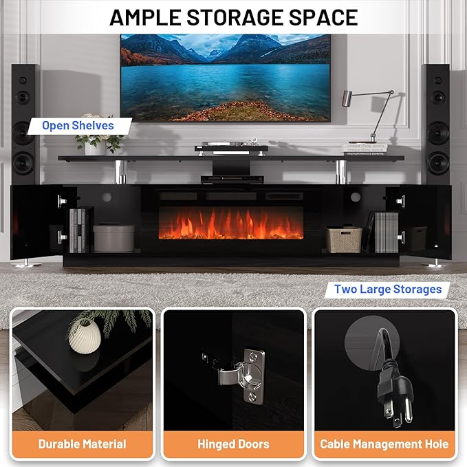 70'' Fireplace TV Stand with 36'' Firplace, Entertainment Center, 2 Tier TV Console Cabinet with Storage Cabinet, Electric Fireplace Heater with 12 Frame and LED Light Colors, Black