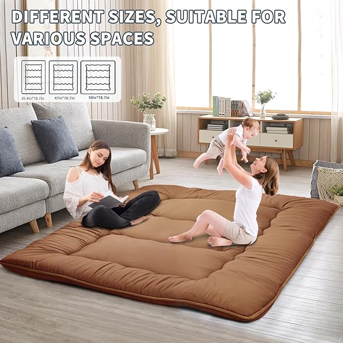 Japanese Floor Mattress,4" Thicken Japanese Floor Sleeping Pad Foldable,Futon Mattress Suitable for Camping and Guest Room (Khaki, Queen (80" X 60"))