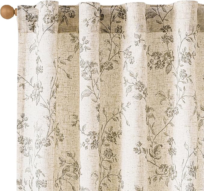 Lazzzy Grey Floral Linen Curtains 84 Inch Farmhouse Back Tab Drapes by Lazzzy