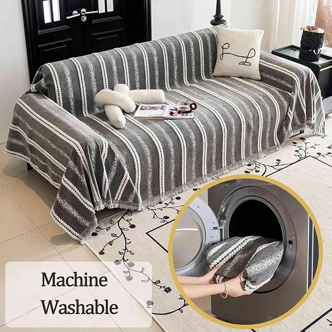 Couch Cover for Dogs Washable Sofa Cover, Sectional Couch Covers, Sofa Covers for 2 Cushion Couch, Non Slip Stripe Sofa Slipcovers Furniture Protector, Couch Protector from Cat Claws, Grey,71''x118''