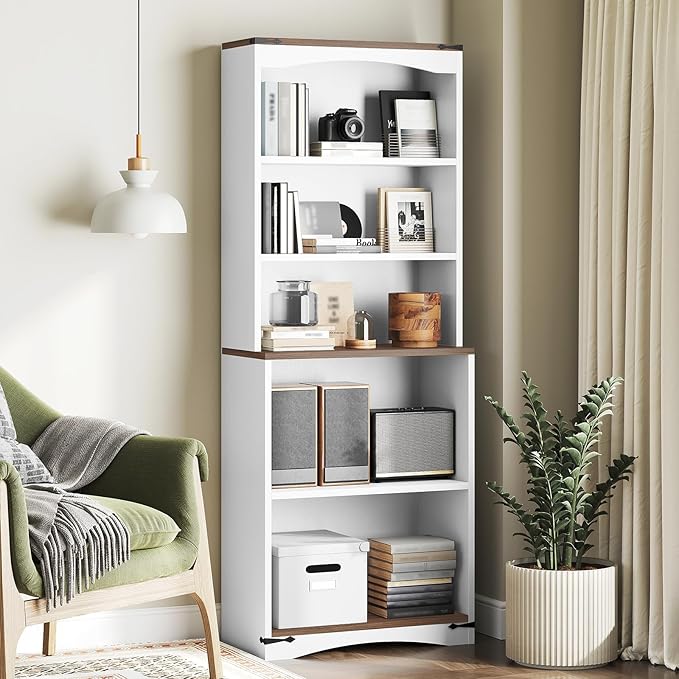 Tall Bookcase and Bookshelf, 6-Tier Bookcase with Storage, 63" Wooden Bookshelf, Farmhouse Freestanding Display Storage Shelves for Home Office, Living Room, White and Natural SJ09WH