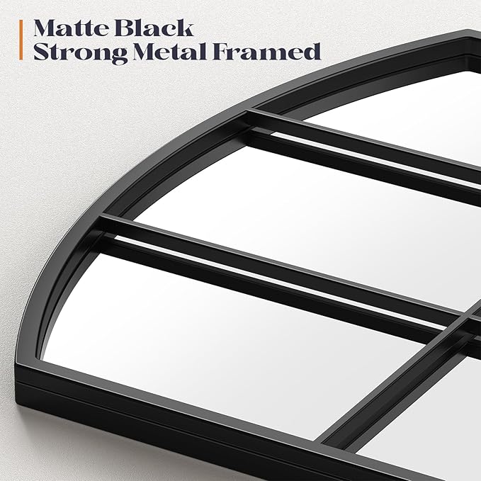 Wide Window Pane Mirror, 44" x 28" Black Arched Mirror for Wall, Grid Large Decorative Wall Mirrors for Living Room Bedroom Farmhouse Fireplace Hallway Entryway