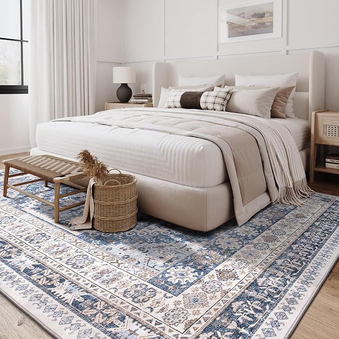 zesthome 6x9 Area Rug, Super Soft Washable Rugs for Living Room, Non-Slip Stain Resistant Vintage Rugs, Ultra-Thin Large Area Rugs (Blue/Beige,6'x9')