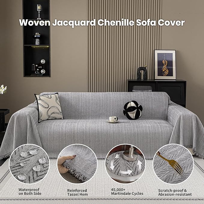 Nobildonna Sofa Cover Washable Soft Thicken Chenille Couch Cover with Tassel,Waterproof Sofa Slipcovers for 2 Cushion Couch,Loveseat,Futon Couch Furniture Protector Pet-Friendly,Gray 71"x102"