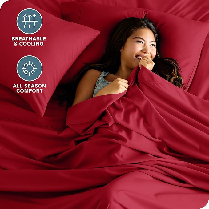 Bare Home Queen Sheet Set - Luxury 1800 Ultra-Soft Microfiber Queen Bed Sheets - Double Brushed - Deep Pockets - Easy Fit - 4 Piece Set - Bedding Sheets & Pillowcases (Queen, Red)