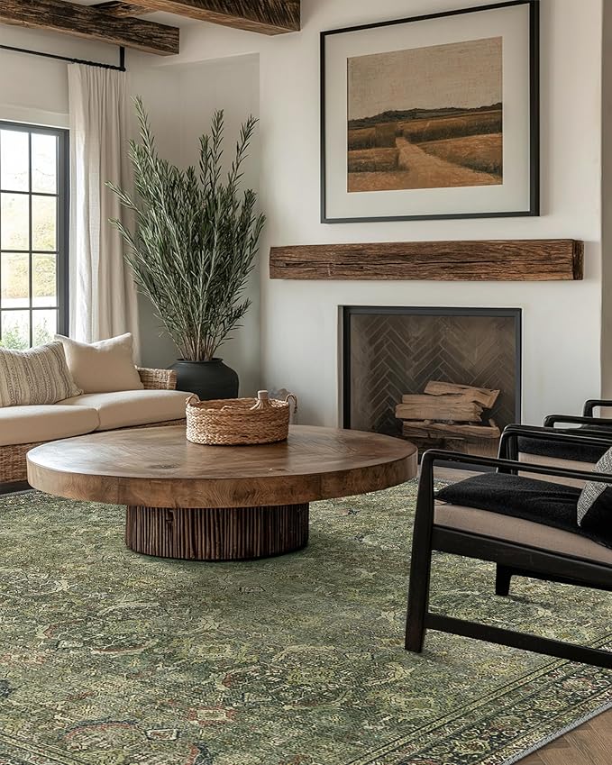 5X7 Area Rugs Machine Washable Rugs for Living Room, Vintage Boho Large Rugs for Bedroom Dining Room, Non Slip Indoor Soft Distressed Lightweight Thin Low Pile Carpet, Green