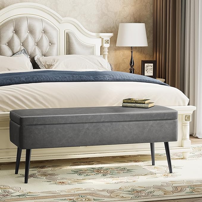GarveeHome Storage Ottoman Bench, Mid-Century Modern Entryway Bedroom Bench, Synthetic Leather with Stitching, Safety Hinges, Loads 680 Lb, Grey