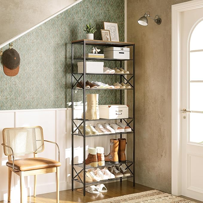 10 Tier Shoe Rack, Large Capacity Shoe Storage Organizer Holds 40 Pairs, Durable and Stable, for Entryway, Hallway, Closet, Dorm Room, Rustic Brown SS10BR