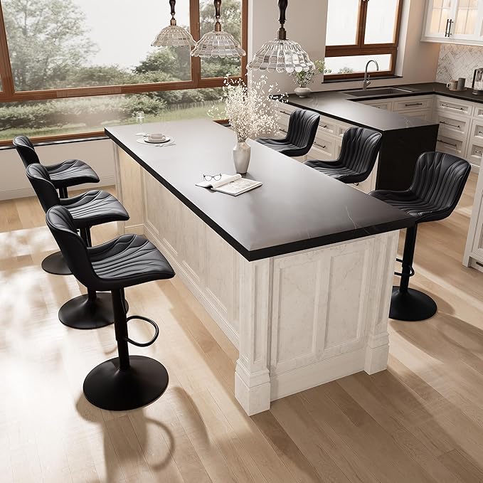 YOUNIKE Black Bar Stools Set of 6 Modern Swivel Counter Height Bar Chair with Back Adjustable Kitchen Island Faux Leather Padded Barstools taburetes de bar Breakfast sillas para barra de cocina 6PCS