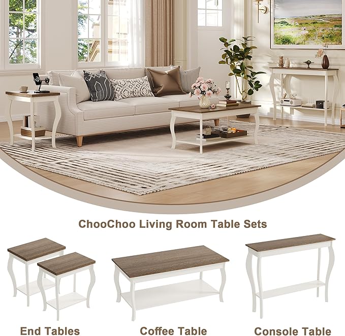 ChooChoo Coffee Table, Rustic Center Table with Curved Legs and Storage Shelf, 39" Coffee Table for Living Room, Soft White