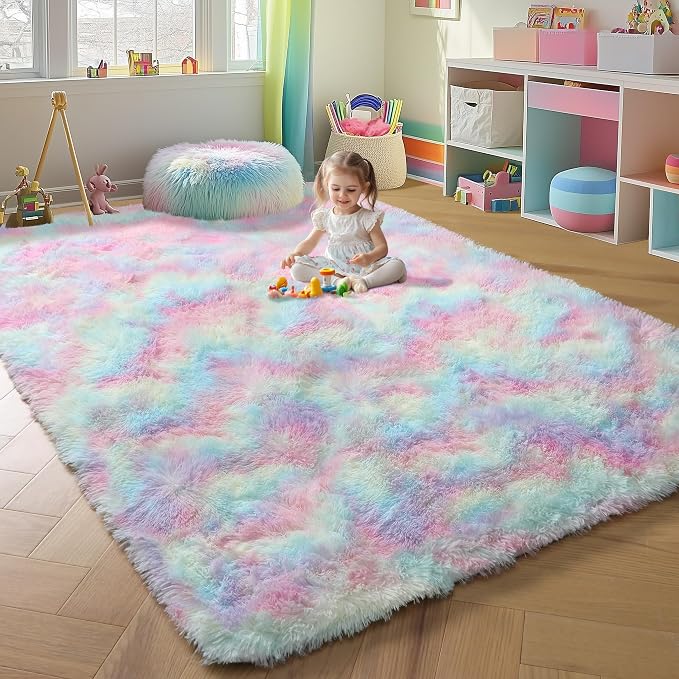 ONASAR Rainbow Area Rugs for Girls Bedroom, 4x6 Fluffy Bedside Colorful Rug - Image 9