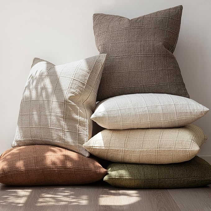 Foindtower Set of 2 Decorative Linen Check Throw Pillow Covers Neutral Farmhouse Vintage Cushion Covers Modern Boho Home Decor for Sofa Chair Couch Bedroom Living Room Outdoor,18×18 Inch,Taupe Grey