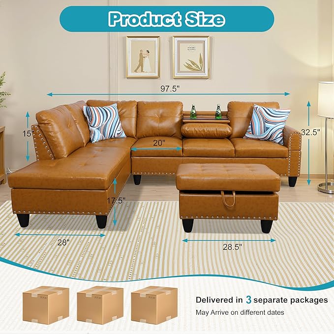 L Shaped Couch PU Leather Sectional Couch Upholstered 3 Pieces Sofas for Living Room with Chaise, Storage Ottoman for Office and Small Apartment, Ginger