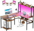 L Shaped Computer Desk with Hutch and Storage Shelves, Gaming Desk with LED Lights, Reversible L-Shaped Desk with Power Outlets, Home Office Desk, Corner Desk, Rustic Brown