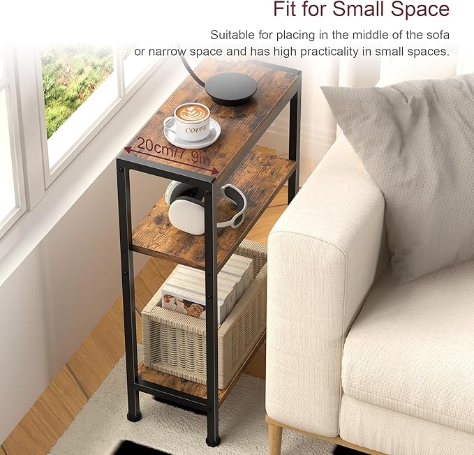 Narrow Side Table for Small Space Set of 2, 3-Tier Small End Table with Shelf Holder, Slim Nightstand, Skinny Snack Couch Table in Living Room, Bedroom, Study, Kitchen and Balcony（Rustic Brown