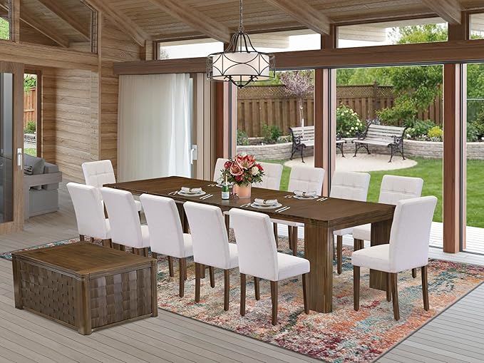 X12AS-0C8-27 - 14-Pc Dining Table Set contains an Extendable Rectangle Kitchen Table, 1 Coffee Table and 12 Polyester Fabric Dining Chairs, 39x120 Inch, Antique Walnut