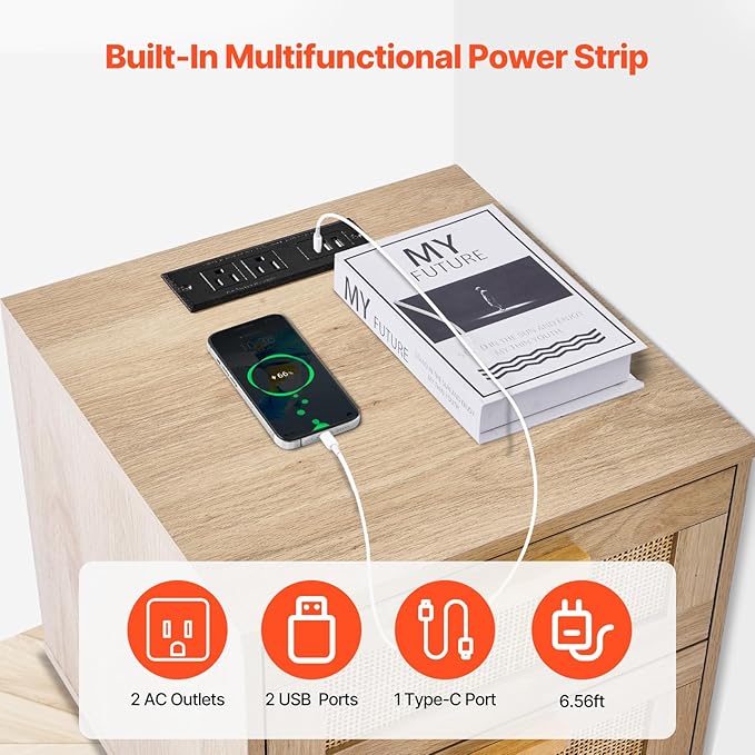 VEVOR Rattan Nightstand, Boho Bedside Table with 2 Drawers, End Table Nightstand with Solid Wood Legs, Rattan Bedside Table with Charging Station, for Bedroom