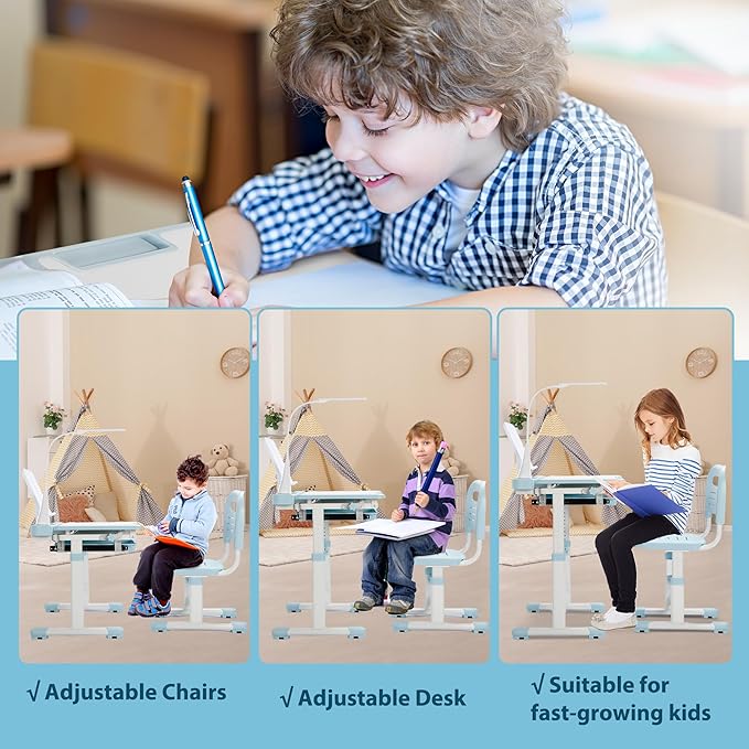Rengue Kids Desk and Chair Set Height Adjustable School Study Desk and Chair with 55° Tiltable Desktop, 3 Modes &3 Brightness LED Lamps, Storage Drawer and Metal Hook for Boys Girls Gifts (Blue)